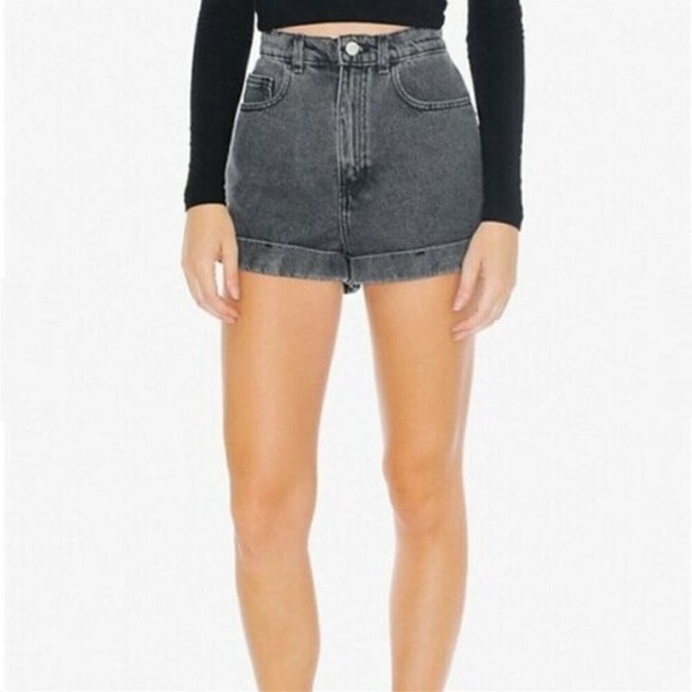 American Apparel | Denim High-Waist Cuff Shorts in Stone Wash Black | Size 28